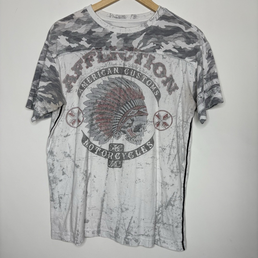 Affliction Shirt American Customs Men Size Large Camo‎ Indian Motorcycle Skull